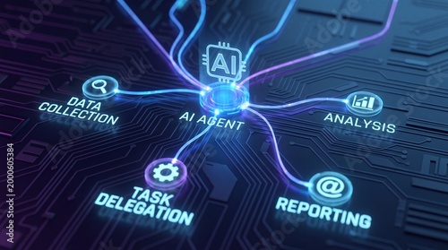 AI agent glowing circuit hub connecting data collection analysis task delegation and reporting, futuristic neon interface conveying intelligent automation and digital workflow efficiency with