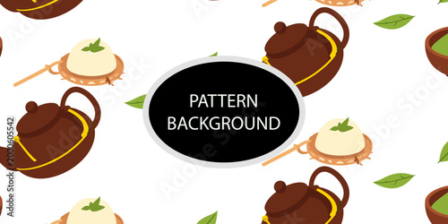 Drink of matcha latte pattern background design. Kawaii Green Tea Beverage Repeating Pattern with Soft Pink Bows and Hearts, Cute Matcha Tea  Pattern