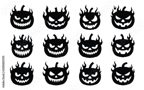 Set of 12 black angry pumpkin faces with sharp teeth and flames on white background for halloween decoration
