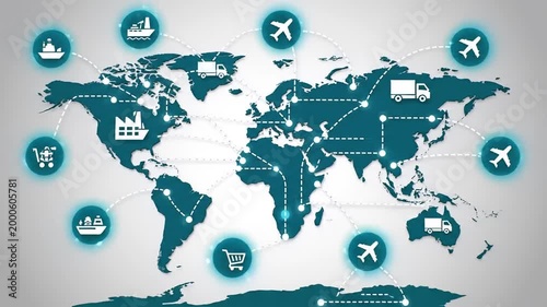 Global logistics and supply chain network icons connecting continents on a world map