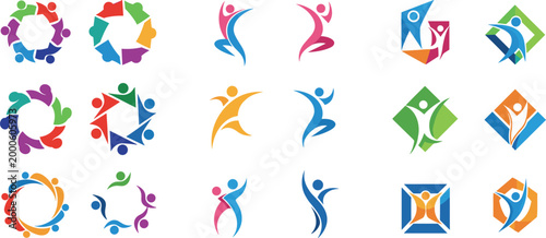 Abstract colorful people logo set featuring dynamic human figures in motion representing teamwork, community, unity, diversity, and creative collaboration