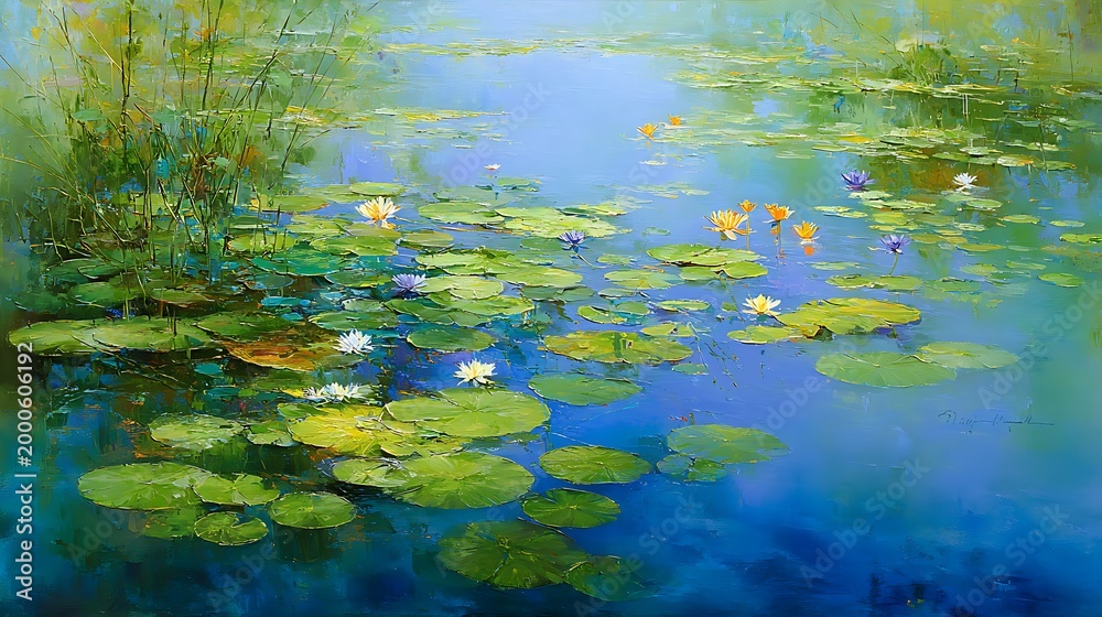 Fototapeta premium Sunlit Water Lilies and Lily Pads on a Teal Pond