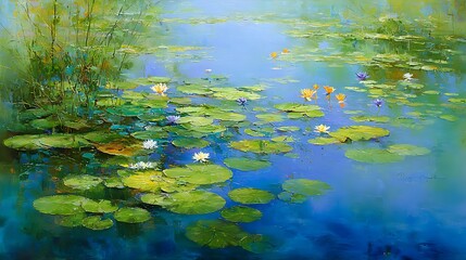 Sunlit Water Lilies and Lily Pads on a Teal Pond