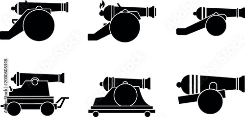 Photography Cannon silhouette collection with historic artillery weapons, military equipment