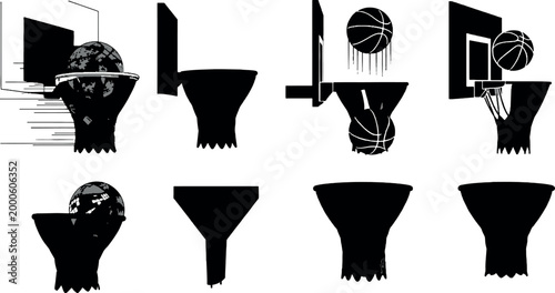 Basketball hoop silhouettes set with backboard and ball, sports equipment icons and game elements vector illustration collection
