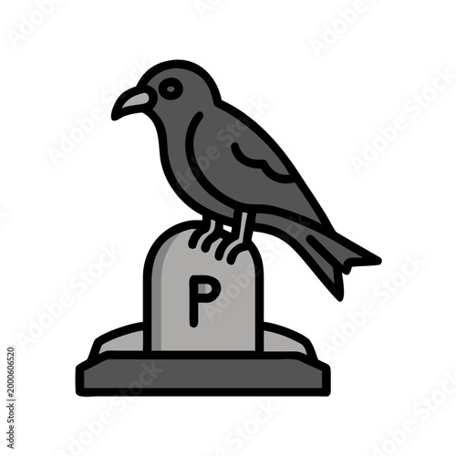 Raven on gravestone, dark mood, gothic style, black colors, spooky concept
