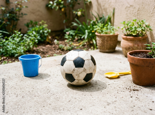 Soccer ball in garden with plants