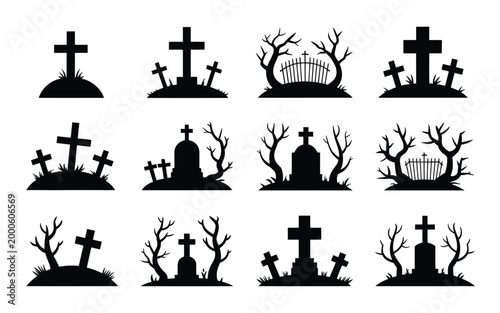 Black silhouettes of various graveyard scenes with crosses trees and fences on white background for halloween or spooky themes