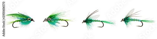 Quadro su tela Four Green Feathered Fishing Flies Isolated on White Background, Artificial Lure