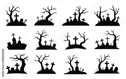 Black silhouettes of various graveyards with bare trees and crosses on white background spooky halloween symbols