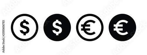 Dollar and Euro Currency Icons Set Black White Vector Design