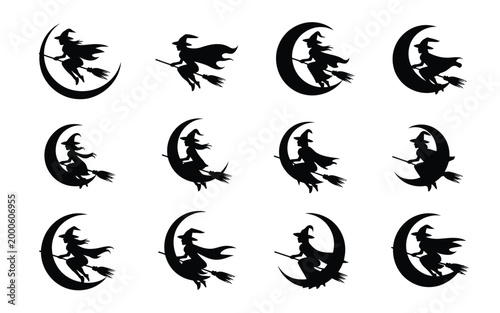 Black silhouettes of witches flying on broomsticks against crescent moons halloween theme mystical night scene magic and fantasy symbols spooky atmosphere witchcraft icons lunar
