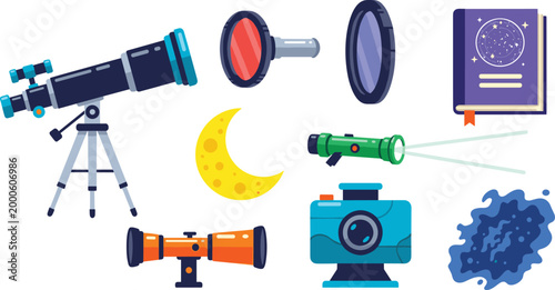 Astronomy and Space Exploration Icon Set with Telescopes, Moon, Stars, and Astronomical Tools for Websites, Apps, and Digital Media Designs.