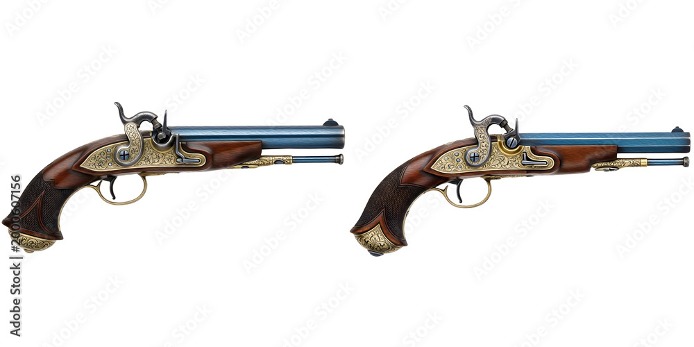 Naklejka premium Two Antique Flintlock Pistols Isolated on White Background, Vintage Historical Firearms with Ornate Wooden Grips, Collectible Black Powder Weapons for Display