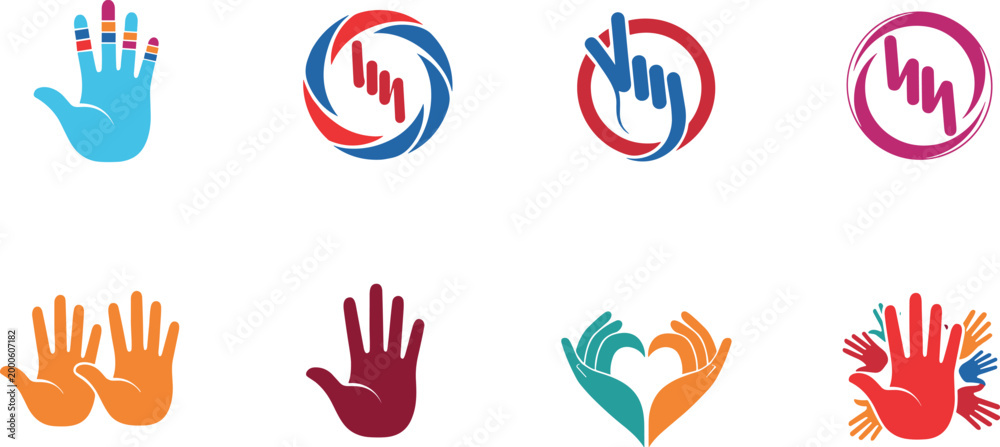 Fototapeta premium Colorful hand gesture logo collection featuring abstract raised hands, support symbols, and community unity icons representing care, diversity, and collaboration