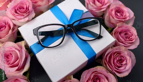 Stylish Black Eyeglasses In A White Gift Box With Blue Ribbon Surrounded By Pink Roses