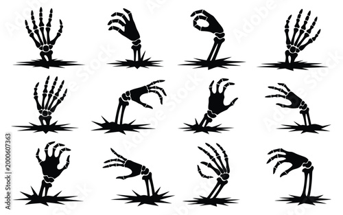 Collection of black silhouette skeleton hands rising from grass various gestures halloween theme spooky creepy bone structures eerie horror concept dark white background