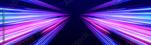 Schilderij op canvas Bright light streaks extend through an abstract digital tunnel, creating a powerful sense of speed and depth
