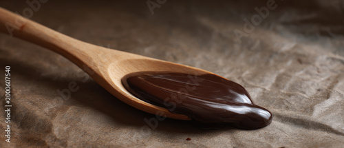 Wooden spoon melted chocolate baking sheet messy dessert rustic kitchen brown sweet cooking closeup create cozy inviting mood with wooden spoon covered melted chocolate resting crumpled baking