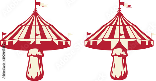 Two identical vintage circus tents with red and white stripes and flags on poles