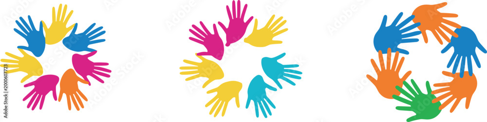 Fototapeta premium Colorful unity hand circle logo set featuring abstract teamwork symbols, diverse community support icons, and collaborative group designs for social branding