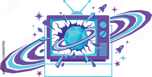 Retro television exploding with a planet and rockets, space, sci-fi, and technology concept.