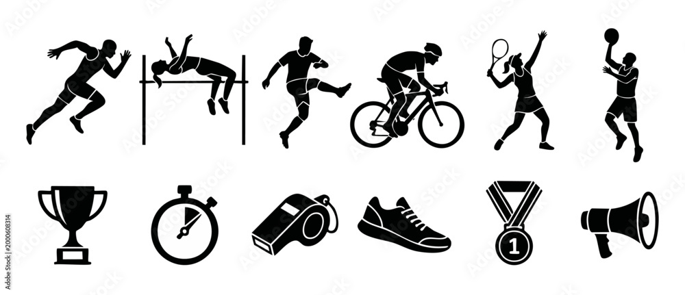 Obraz premium Sports silhouettes set featuring athletes running, cycling, playing tennis, basketball, and high jump along with championship trophy, medal, stopwatch, and coach whistle icons for fitness design conce