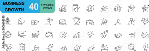 Business growth outline icon set focused on scaling, revenue and strategy. Perfect for dashboards, startup visuals, analytics tools, investment concepts and performance tracking systems. Clean editabl