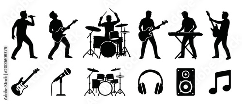 Rock Band Musicians Silhouette Collection - Concert Performance Set with Instruments, Electric Guitar, Drum Kit, Microphone, Keyboard and Musical Icons for Music Festival Poster Design and Event Brand