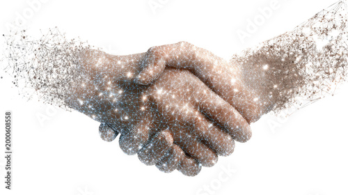 Two hands shaking with luminous network circle on white background