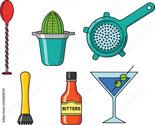 Cocktail Preparation Tools and Drink Accessories Icon Set with Muddler, Strainer, Bitters, Stirrer, and Cocktail Glass for Websites, Apps, and Digital Media Designs.