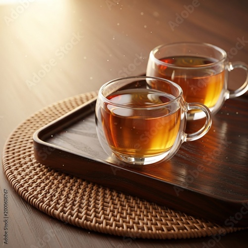 Two glass cups of tea on tray.
