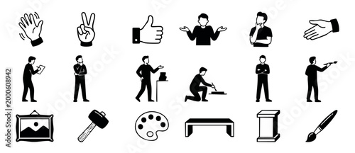 Human Body Gestures and Artist Icons Set, Flat Silhouette Graphic Symbols for Design Projects, Creative Professional Communication Signs, Minimalist Black Pictograms on White Background for Web Interf