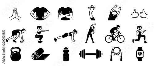 Fitness and Exercise Icons Set for Gym, Workout, Yoga, and Healthy Lifestyle Concept. Black and White Vector Illustration for Sport Training, Bodybuilding, Athletics, Active Lifestyle, and Wellness Ap