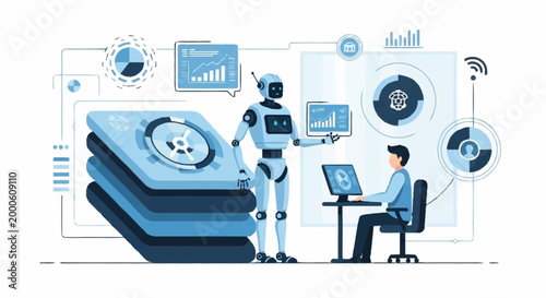 Artificial intelligence robot and human working together on data analysis and technology development.