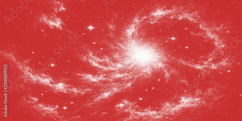 A celestial spiral nebula glows brilliantly, swirling against a vivid red backdrop, evokes wonder and curiosity.