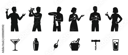 People drinking cocktails silhouettes set, bartending and party icons, set of men and women with alcoholic drinks, wine opener and shaker, isolated black flat vector illustrations for menu or hospital