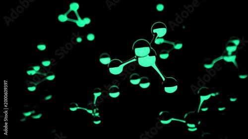 abstract 3d background wallpaper. Small green water molecules float in a dark environment, displaying their structure through reflections and light.	
