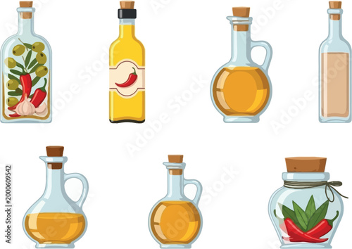 Glass bottles and jars with olive oil and chili infusion, cooking ingredients and condiments vector illustration set