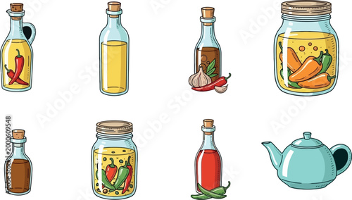 Glass bottles and jars with oil and spicy condiments, chili infused liquids and pickled vegetables vector illustration set