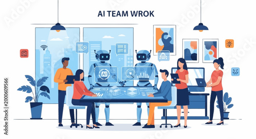 AI team working together with robots in a modern office setting, discussing future projects and innovation.