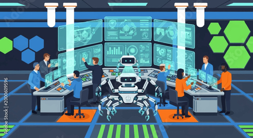 Futuristic control room with people and a robot working together on advanced technology screens.