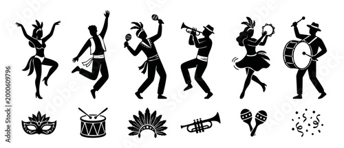 Carnival Dancers and Musicians Silhouette Set with Instruments and Festive Accessories for Brazilian Festival Celebration, Featuring Samba Dancers, Drummer, Trumpet Player, Maracas, Mask, and Party Co