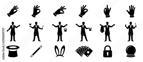 Magician Icons Set, Hand Gestures and Illusionist Tools Vector Silhouette Collection for Magic Show Design, Card Tricks, Top Hat, Wand, Crystal Ball, Rabbit Ears, Mystery Performance Graphics Set