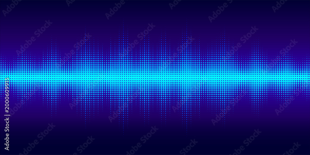 Obraz premium Blue Digital Sound Audio Wave Halftone Effect Vector Background Illustration
