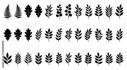 Set of black leaf silhouettes arranged in rows for botanical design, pattern creation, logos, and decorative artwork.