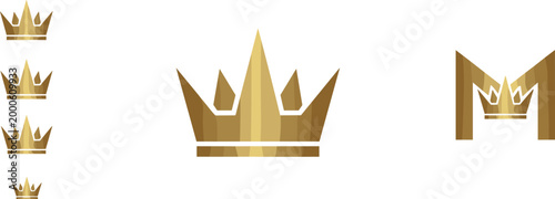 Golden crown logo collection with luxury royal symbols, premium monarchy icons, and elegant geometric branding elements for sophisticated identity design