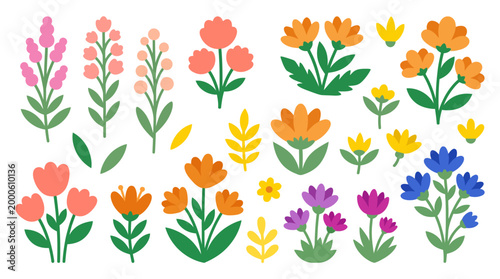 Watercolor floral stem illustrations in a bright garden palette with pink, orange, yellow, and purple blossoms and green leaves.