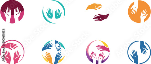 Helping hands and charity logo collection featuring abstract supportive gestures, community care symbols, and teamwork icons representing compassion and unity