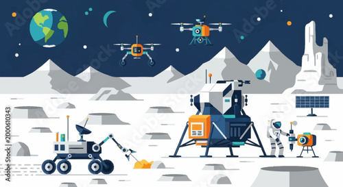 Astronauts and robots exploring the lunar surface with a lander and drones.